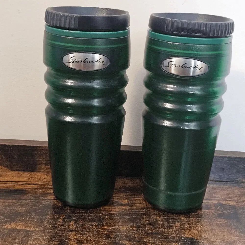 2 2001 Starbucks Insulated Tumbler Matte Green Starbucks "Badge" 16oz